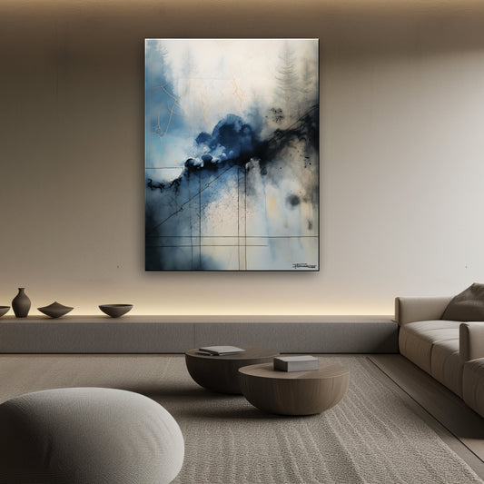 TREES OF WINTER 2 -Extra Large Textured Canvas Painting – Limited Edition Abstract Landscape with Distant Tree Outlines in Blue, Gray, White, Beige & Black