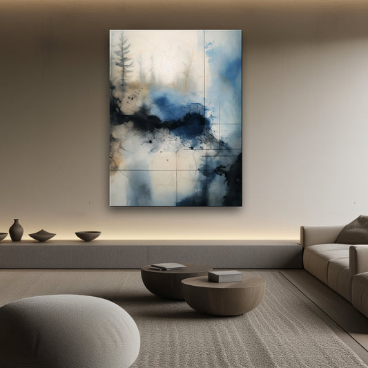 TREES OF WINTER 1 -Extra Large Textured Canvas Painting – Limited Edition Abstract Landscape with Distant Tree Outlines in Blue, Gray, White, Beige & Black