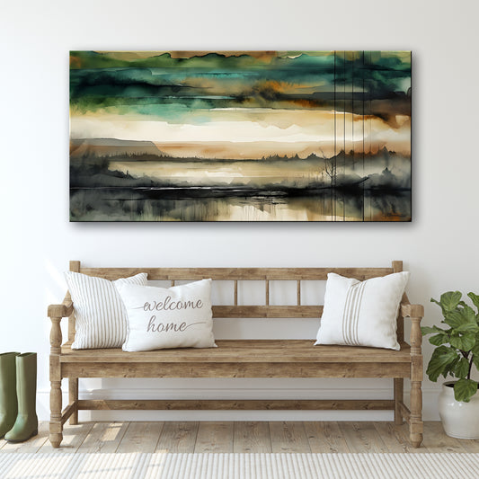 THE GREAT VALLEY -Extra Large Textured Canvas Painting – Limited Edition Abstract Landscape with Distant Tree Outlines in Teal, Gray, White, Beige & Black