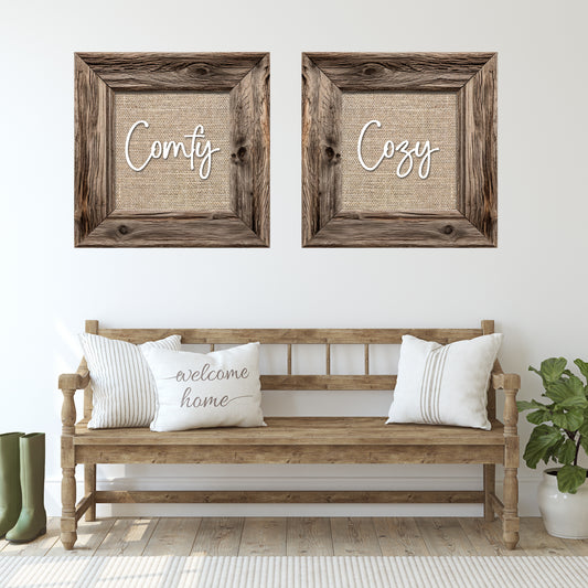 Rustic Wooden Frame with Burlap Quote, Wall Decor, Comfy Cozy Farmhouse 3D Illusion Peel & Stick Wall Art Decals – Set of 2 Large Removable
