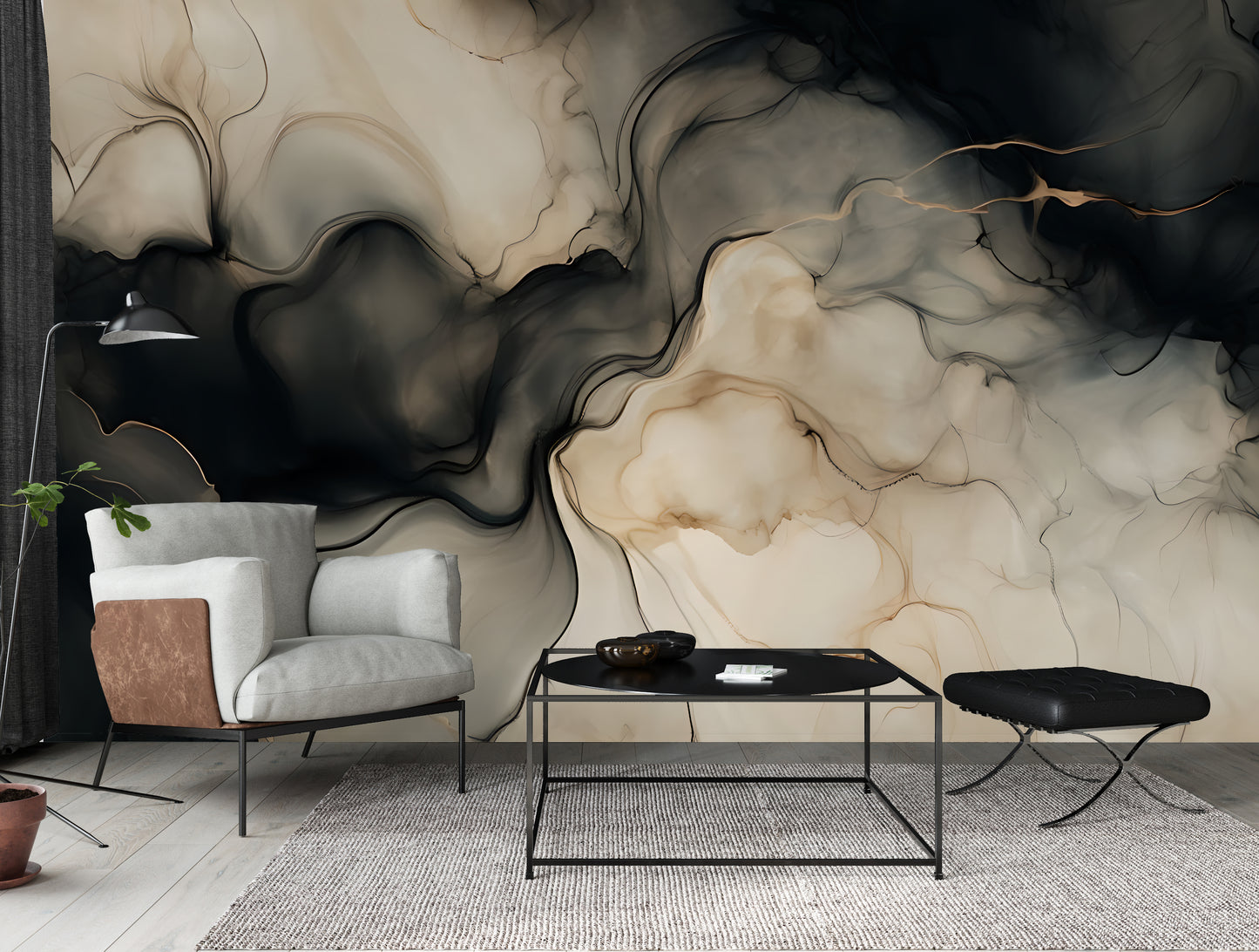 Neutral Black Abstract Wall Mural Modern Fluid Wallpaper in Peel & Stick Canvas Vinyl or Non-Woven