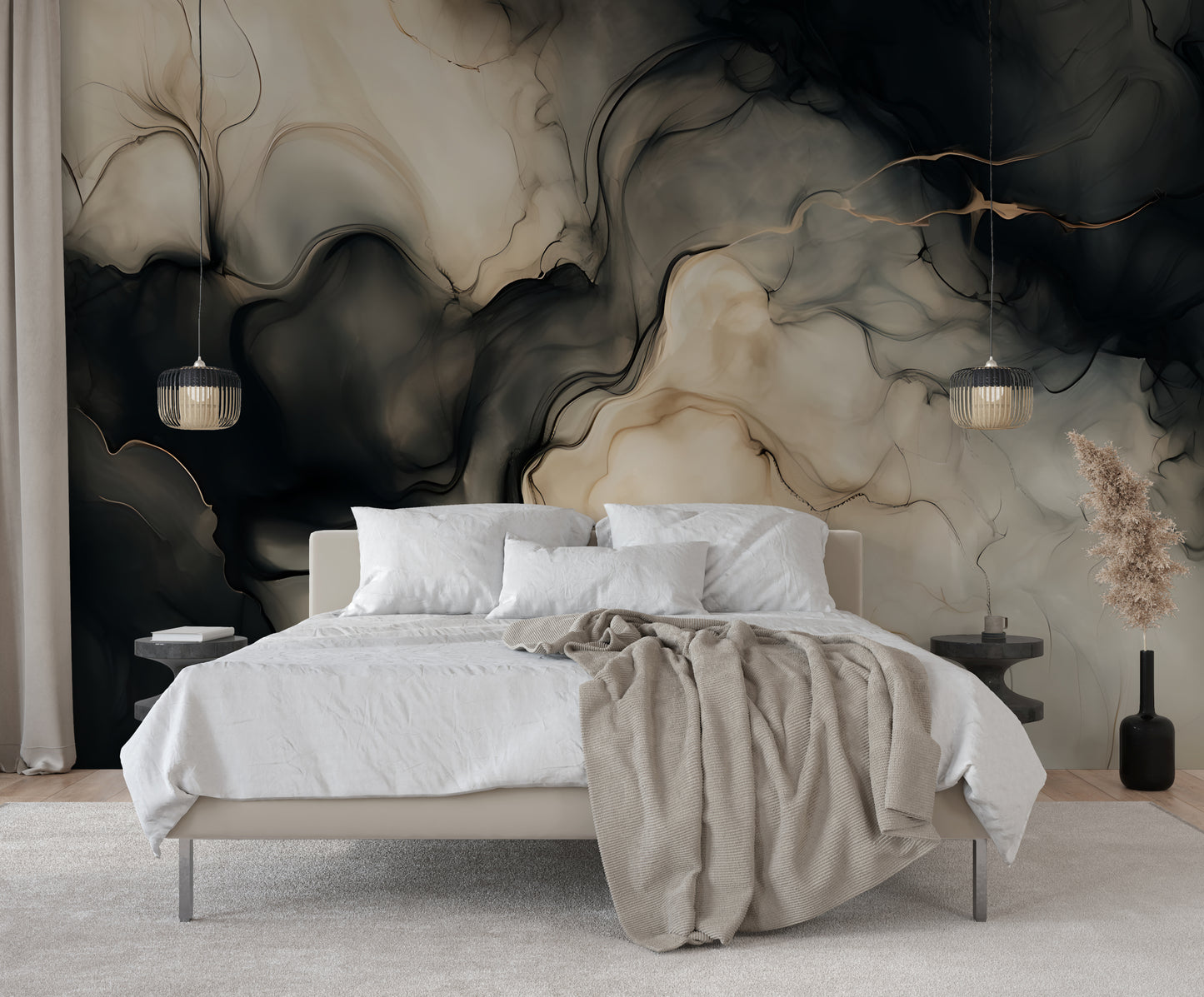 Neutral Black Abstract Wall Mural Modern Fluid Wallpaper in Peel & Stick Canvas Vinyl or Non-Woven