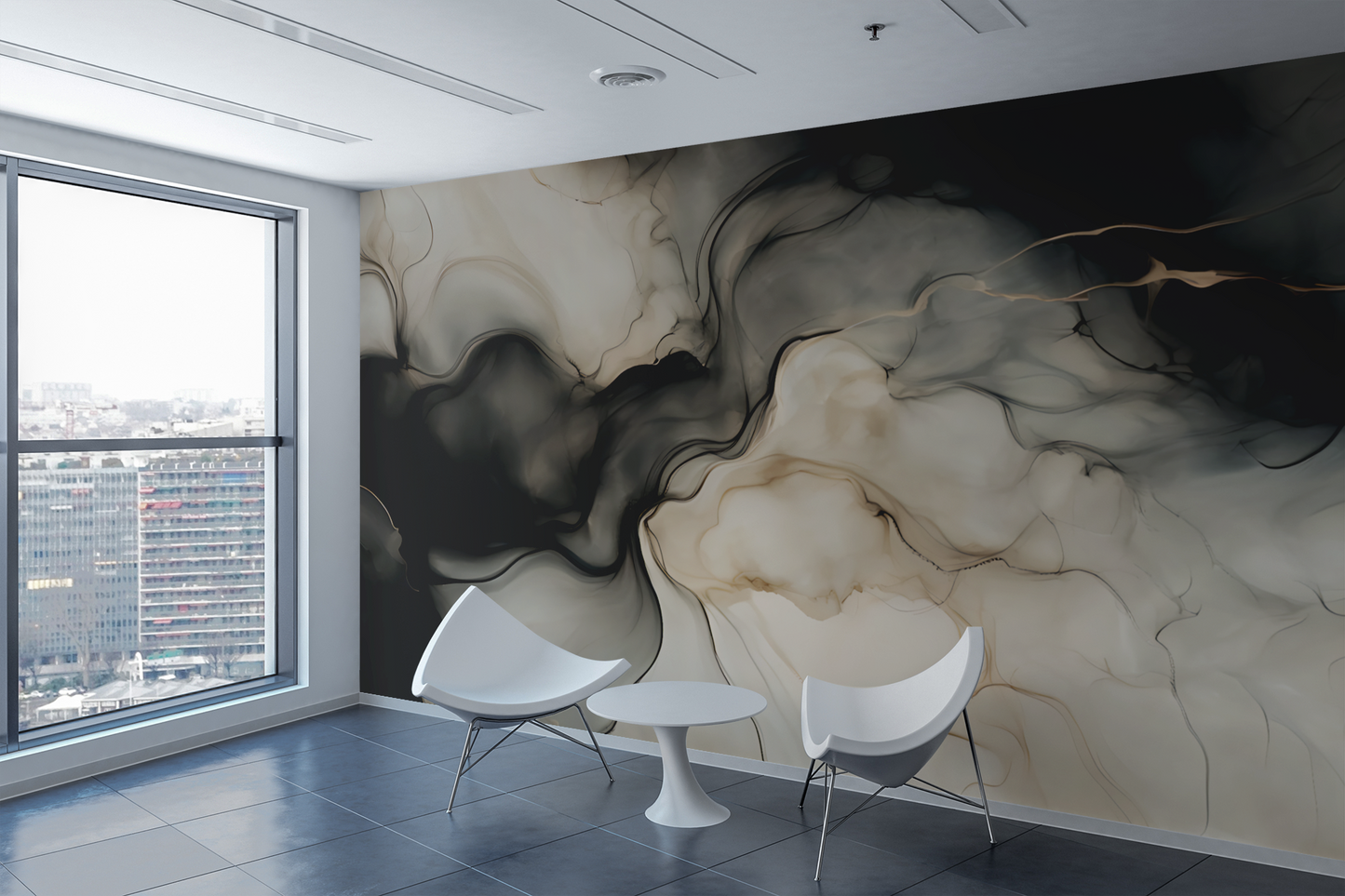 Neutral Black Abstract Wall Mural Modern Fluid Wallpaper in Peel & Stick Canvas Vinyl or Non-Woven