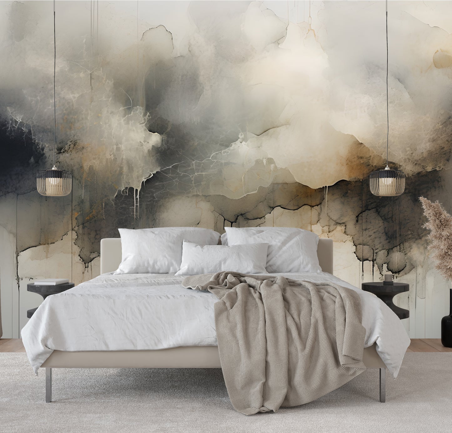Neutral Abstract Wall Mural Modern Drip-Effect Wallpaper in Peel & Stick Canvas Vinyl or Non-Woven