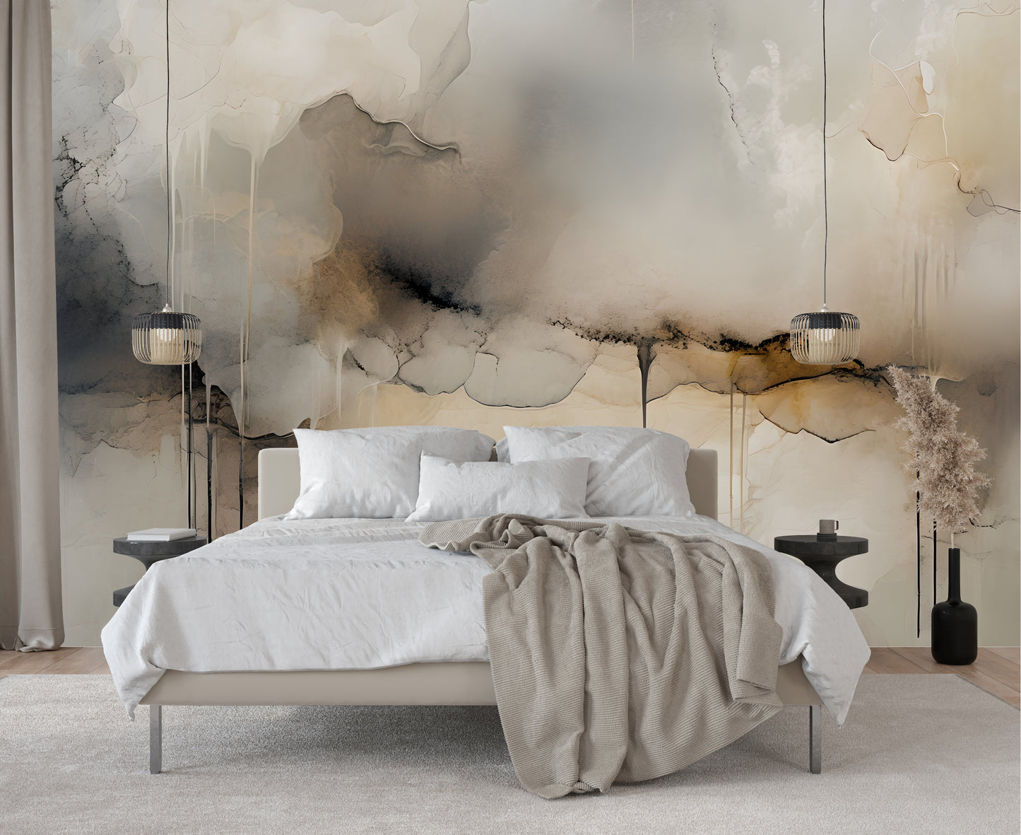 Neutral Drip Effect Abstract Wall Mural Modern Wallpaper in Peel & Stick Canvas Vinyl or Non-Woven
