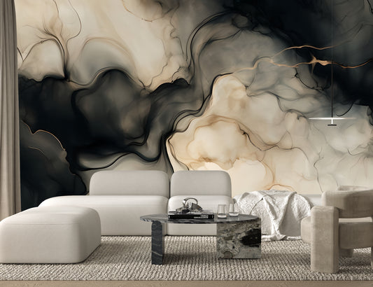 Neutral Black Abstract Wall Mural Modern Fluid Wallpaper in Peel & Stick Canvas Vinyl or Non-Woven
