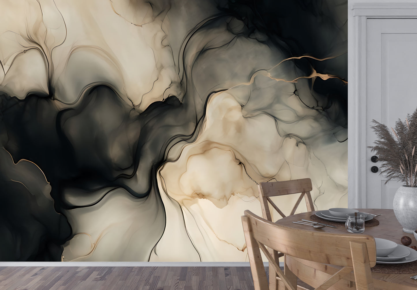 Neutral Black Abstract Wall Mural Modern Fluid Wallpaper in Peel & Stick Canvas Vinyl or Non-Woven