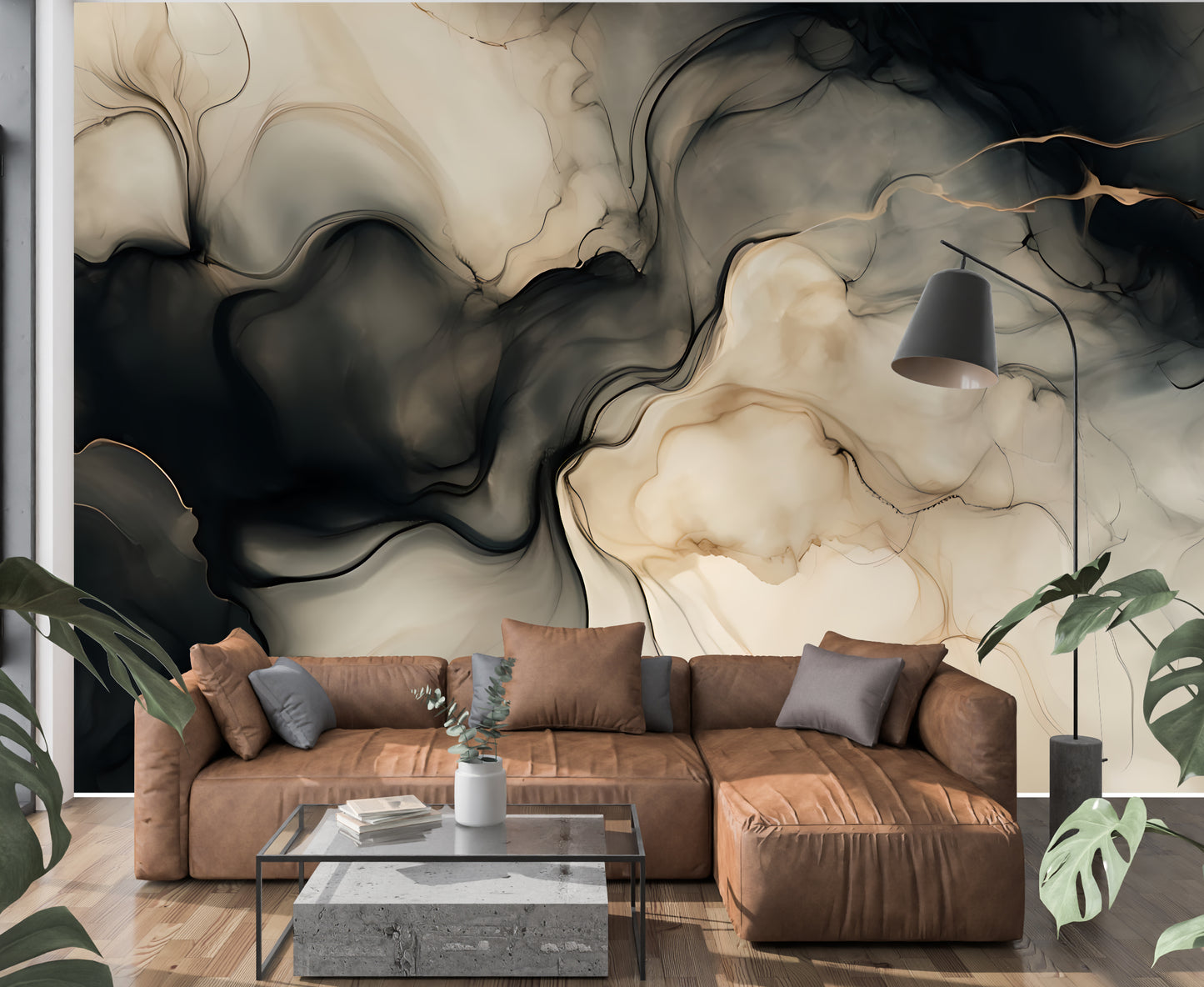 Neutral Black Abstract Wall Mural Modern Fluid Wallpaper in Peel & Stick Canvas Vinyl or Non-Woven
