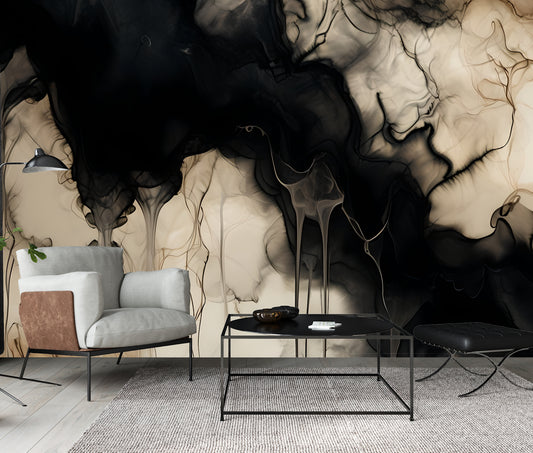 Black Abstract Luxury Wallpaper Modern Fluid Wall Mural in Peel & Stick Canvas Vinyl or Non-Woven (Copy)