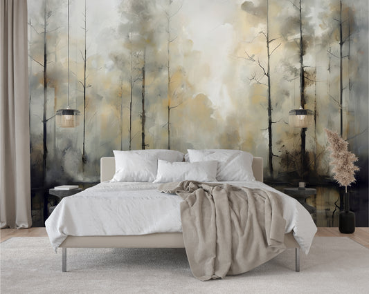 Abstract Forest Wallpaper Mural Neutral Color Tranquil Wallpaper for Bedroom-Ethereal Forest