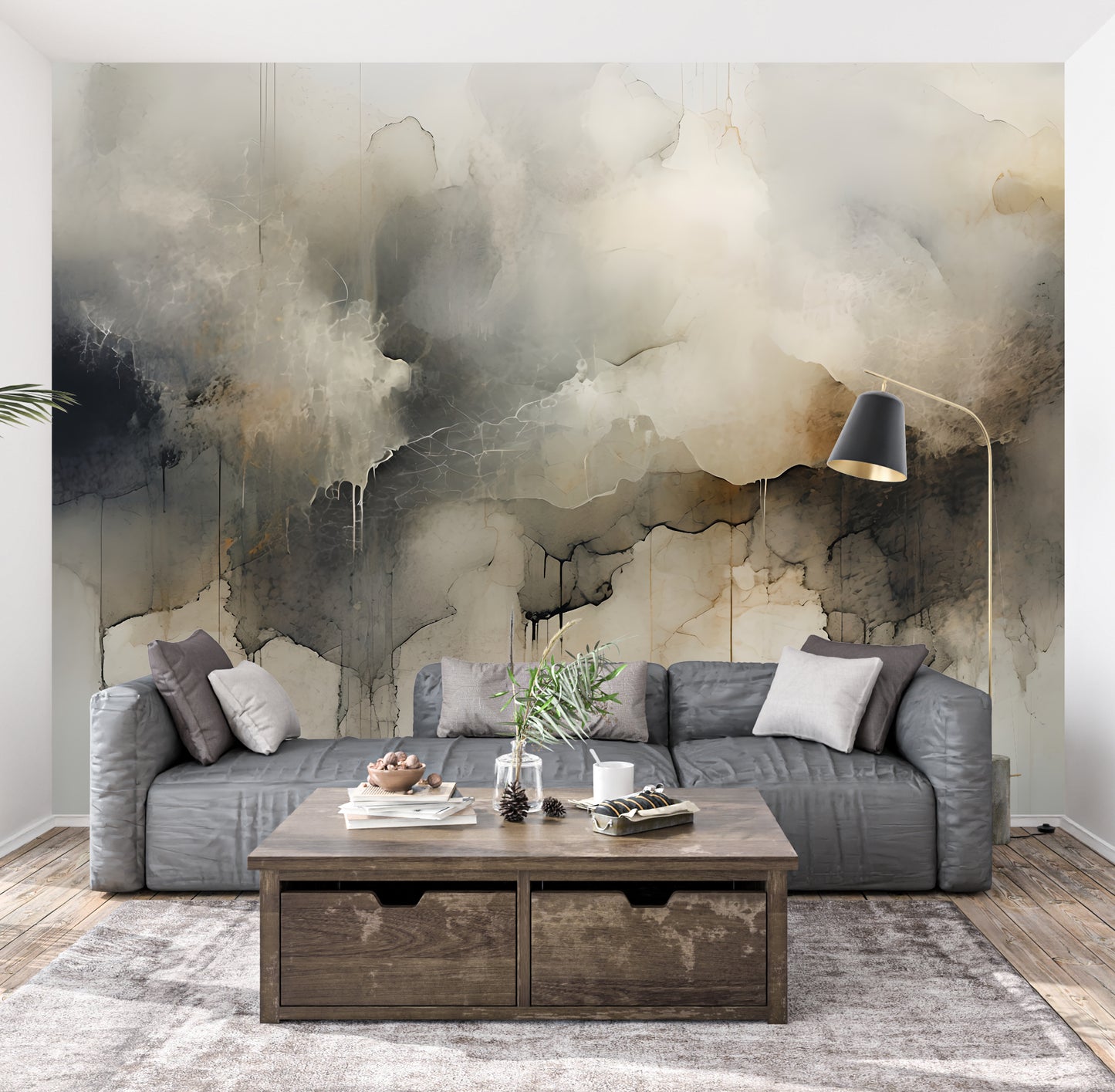 Neutral Abstract Wall Mural Modern Drip-Effect Wallpaper in Peel & Stick Canvas Vinyl or Non-Woven