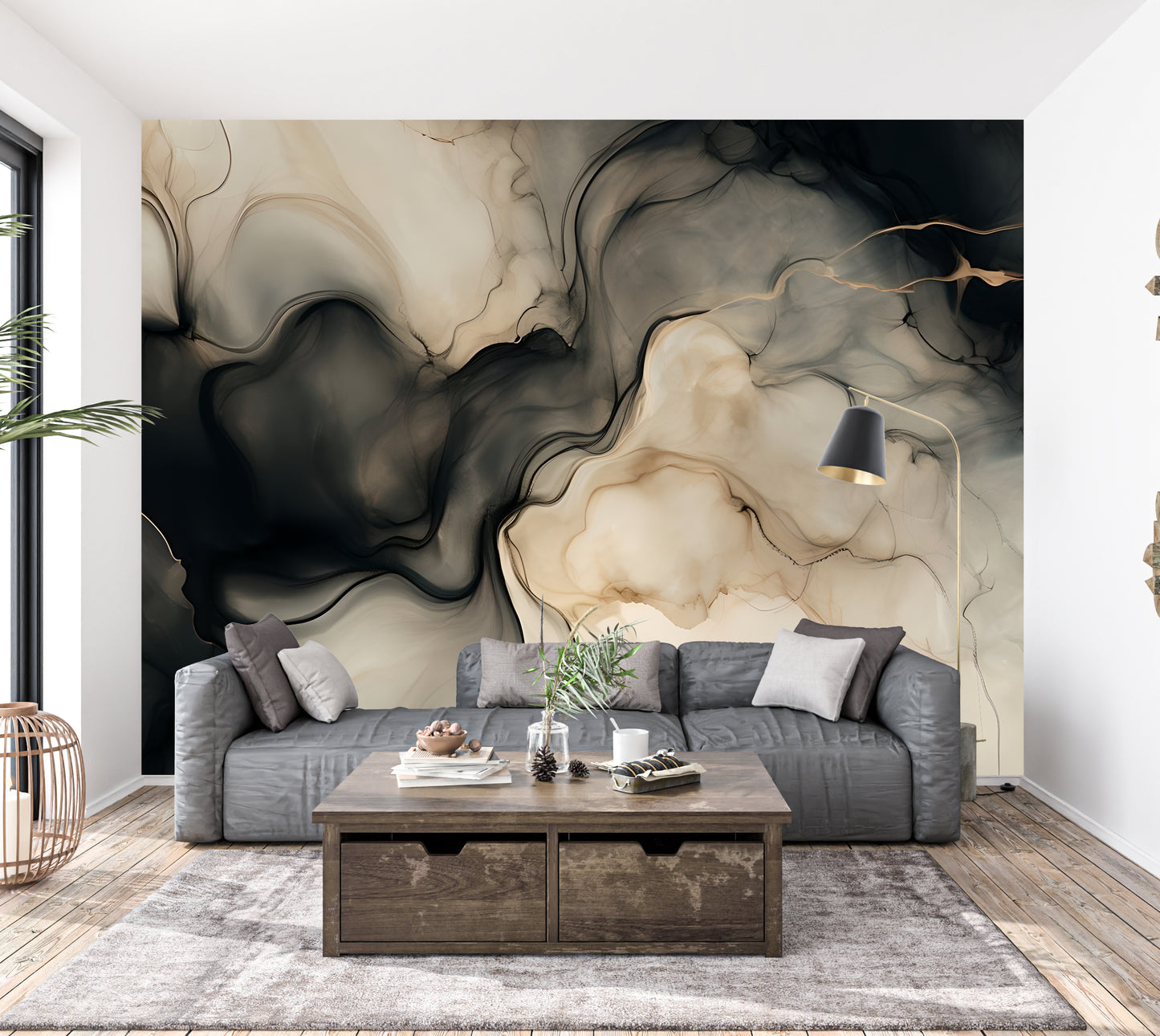 Neutral Black Abstract Wall Mural Modern Fluid Wallpaper in Peel & Stick Canvas Vinyl or Non-Woven