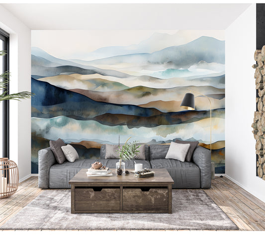 Blue Abstract Mountain Luxury Wallpaper Mural in Peel & Stick Canvas Vinyl or Non-Woven