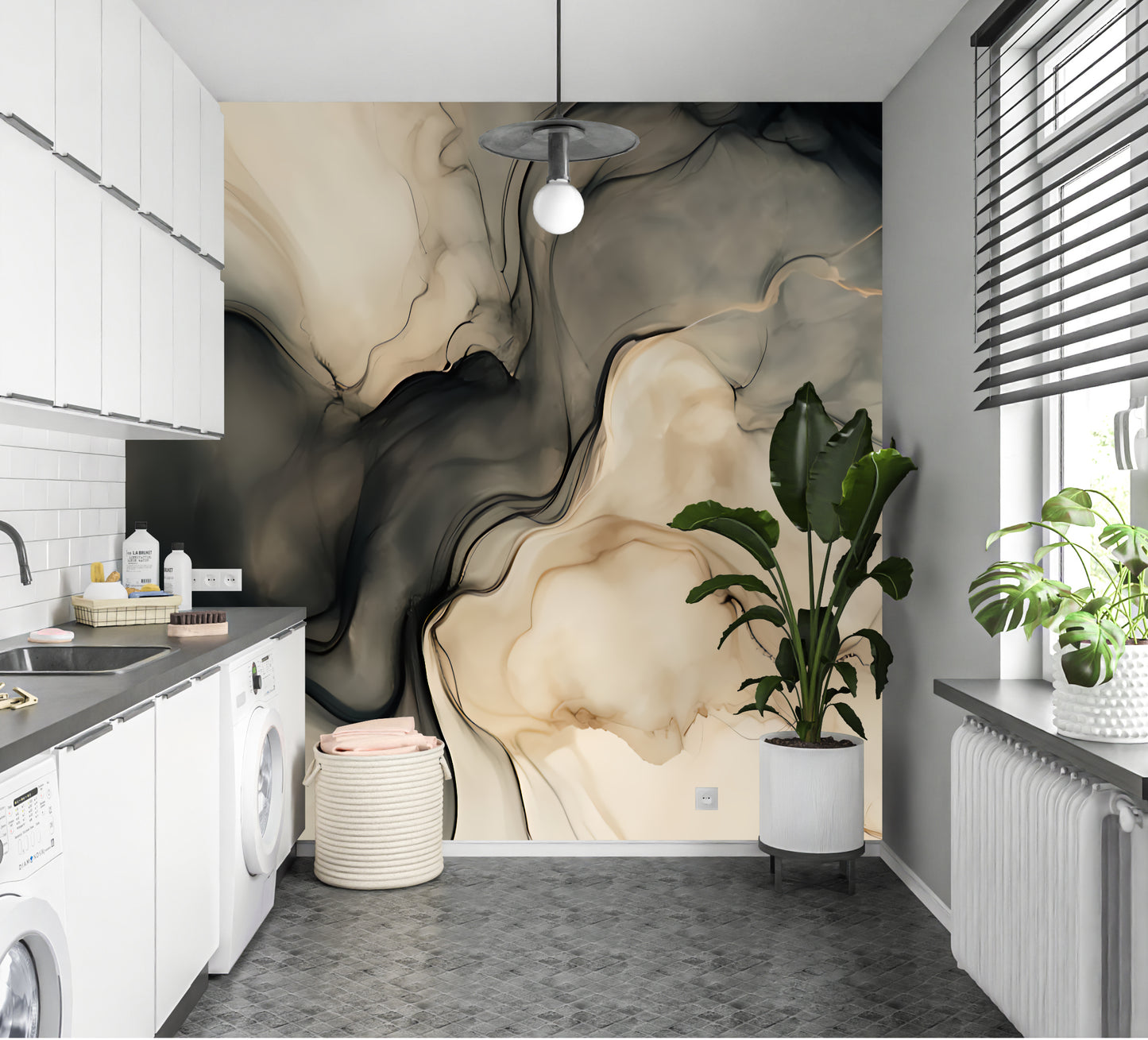 Neutral Black Abstract Wall Mural Modern Fluid Wallpaper in Peel & Stick Canvas Vinyl or Non-Woven