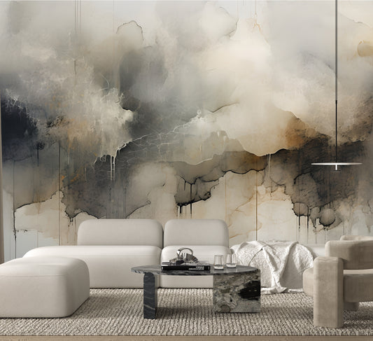 Neutral Abstract Wall Mural Modern Drip-Effect Wallpaper in Peel & Stick Canvas Vinyl or Non-Woven