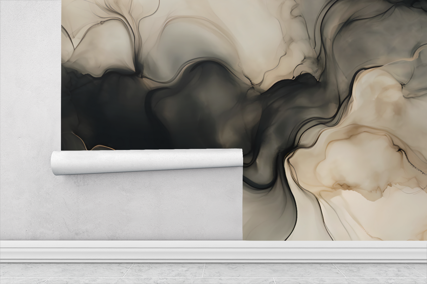 Neutral Black Abstract Wall Mural Modern Fluid Wallpaper in Peel & Stick Canvas Vinyl or Non-Woven