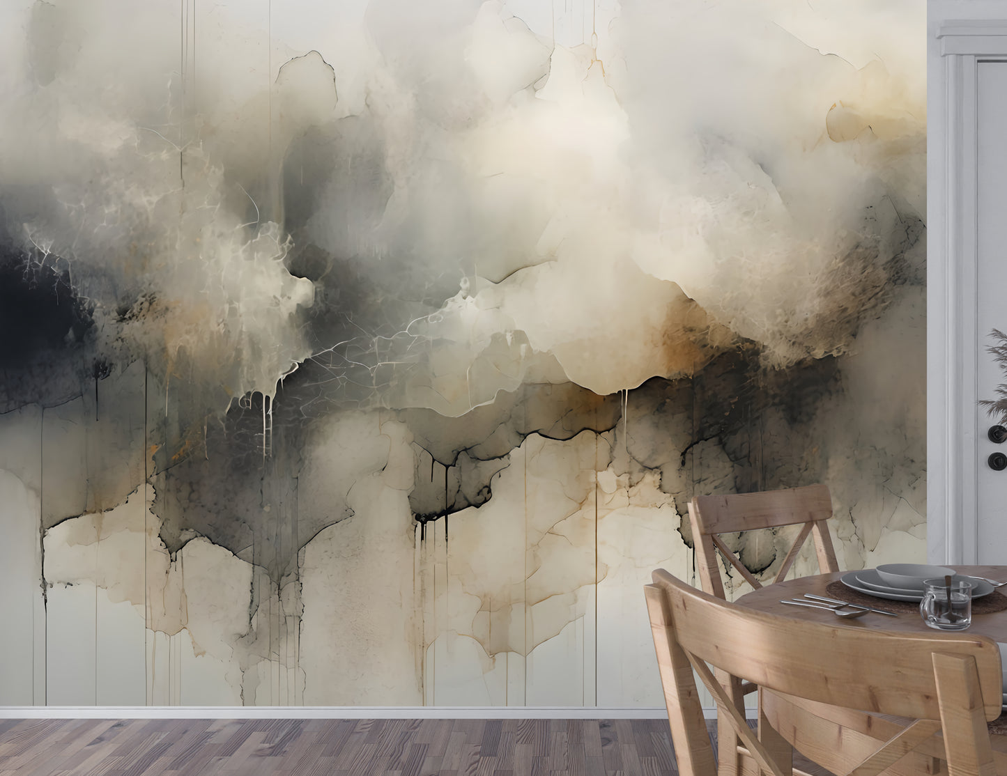 Neutral Abstract Wall Mural Modern Drip-Effect Wallpaper in Peel & Stick Canvas Vinyl or Non-Woven