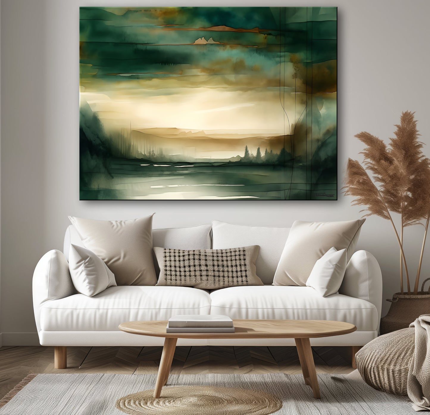 GREEN VALLEY -Extra Large Textured Canvas Painting – Limited Edition Abstract Landscape with Distant Tree Outlines. Ready to hang.