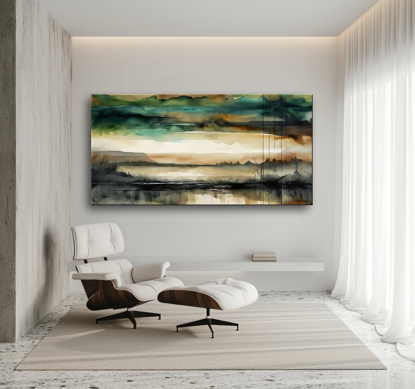THE GREAT VALLEY -Extra Large Textured Canvas Painting – Limited Edition Abstract Landscape with Distant Tree Outlines in Teal, Gray, White, Beige & Black