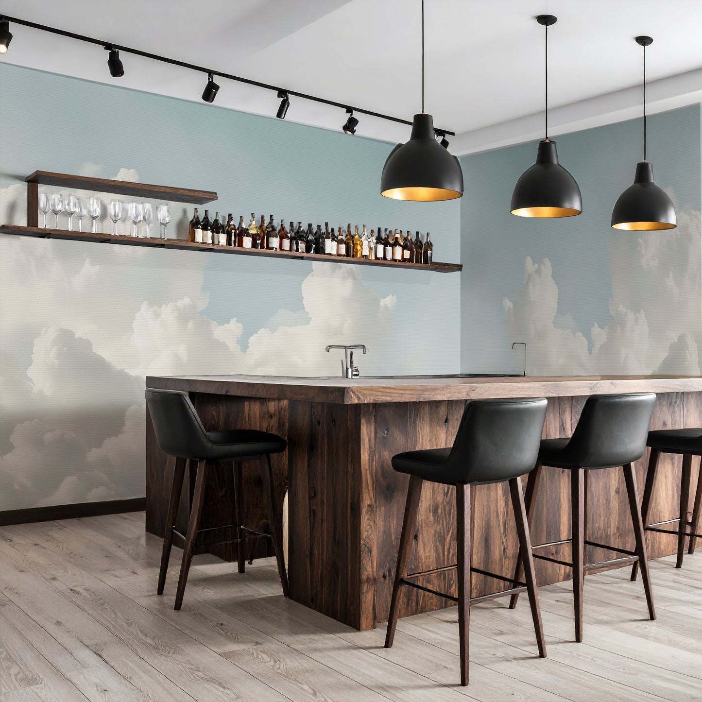 Watercolor Clouds Wall Mural Modern Wallpaper in Peel & Stick Canvas Vinyl or Non-Woven