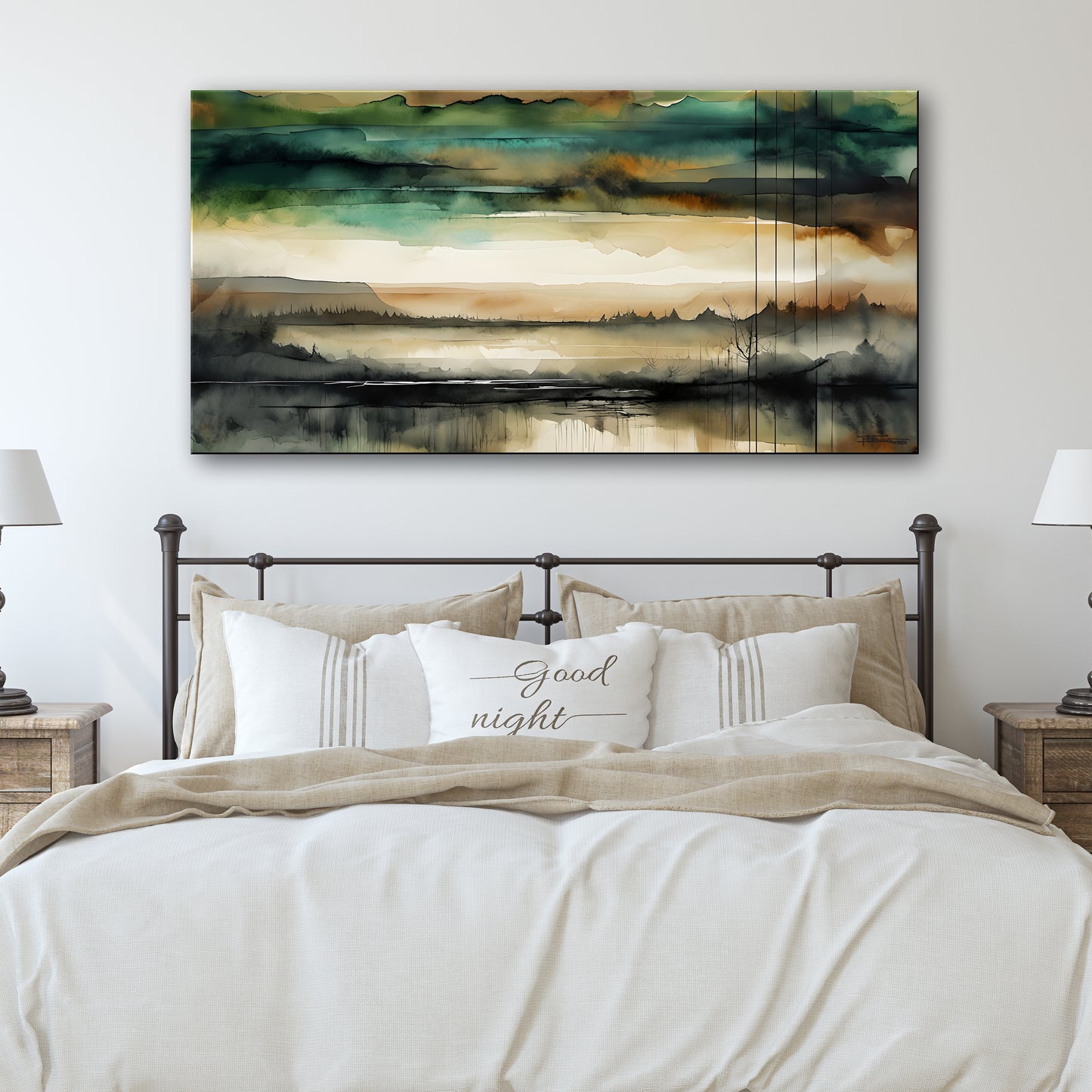THE GREAT VALLEY -Extra Large Textured Canvas Painting – Limited Edition Abstract Landscape with Distant Tree Outlines in Teal, Gray, White, Beige & Black