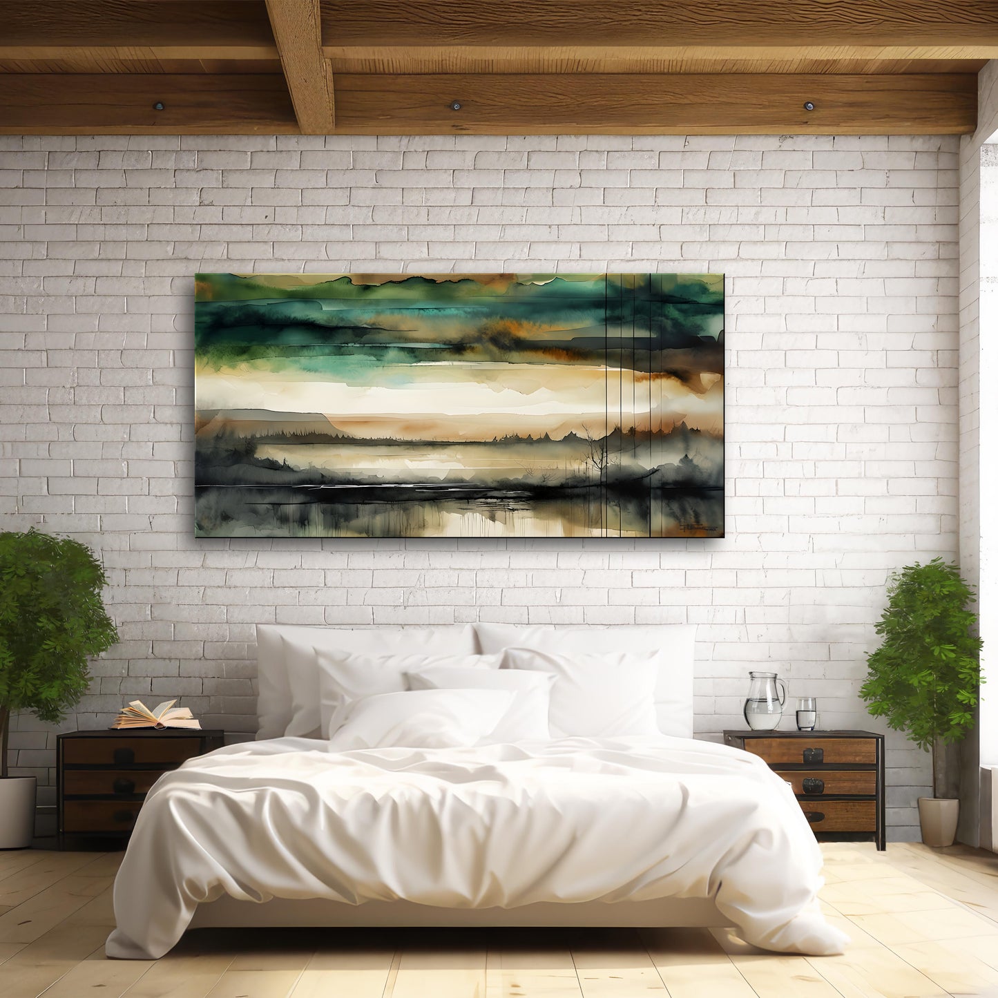 THE GREAT VALLEY -Extra Large Textured Canvas Painting – Limited Edition Abstract Landscape with Distant Tree Outlines in Teal, Gray, White, Beige & Black
