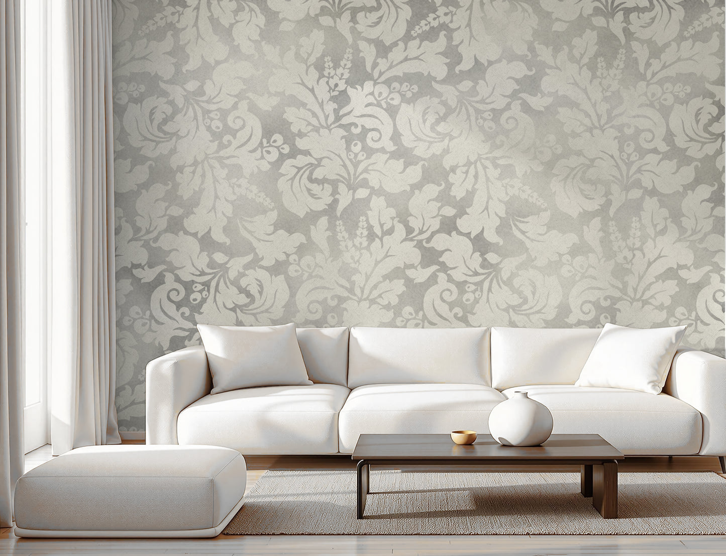 Gray Damask Wall Wallpaper Mural in Peel & Stick Canvas Vinyl or Non-Woven