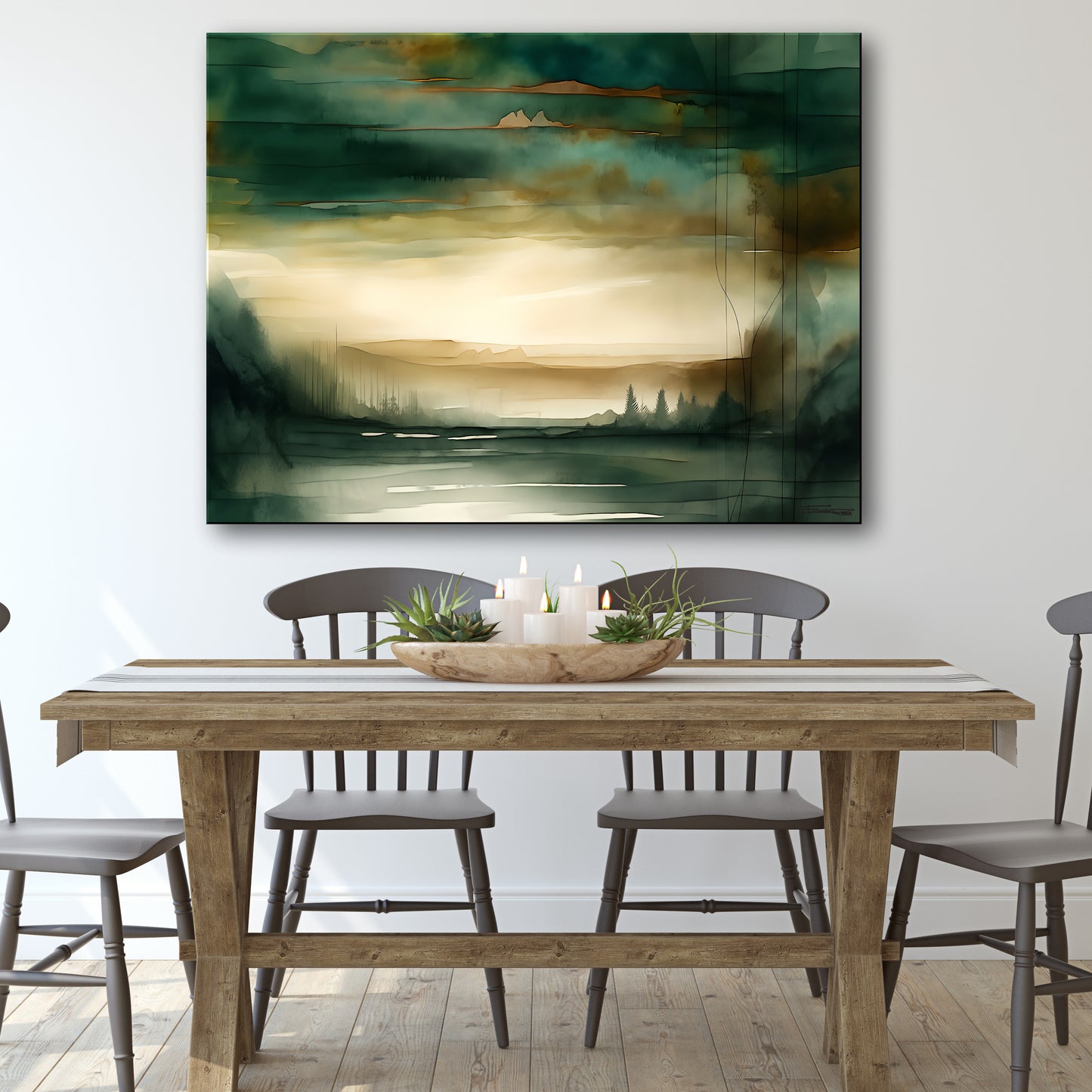 GREEN VALLEY -Extra Large Textured Canvas Painting – Limited Edition Abstract Landscape with Distant Tree Outlines. Ready to hang.
