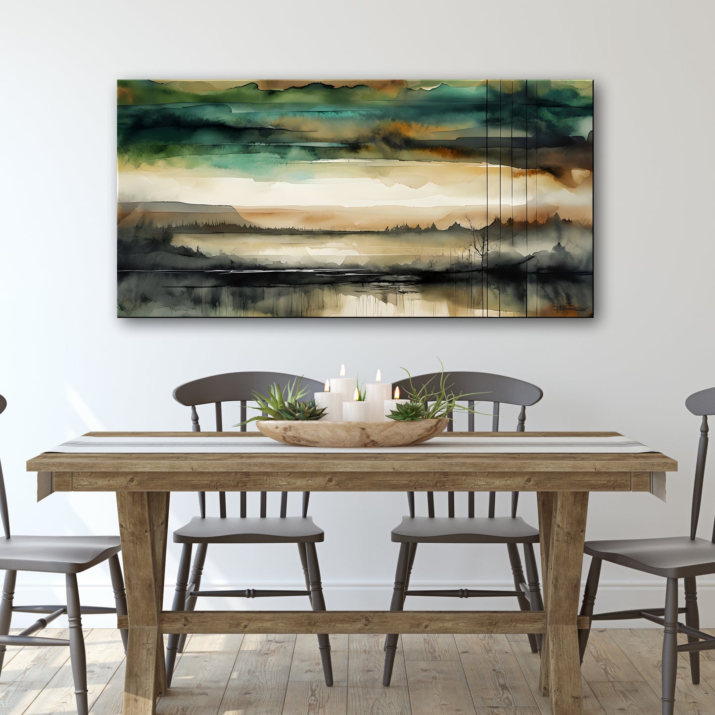 THE GREAT VALLEY -Extra Large Textured Canvas Painting – Limited Edition Abstract Landscape with Distant Tree Outlines in Teal, Gray, White, Beige & Black
