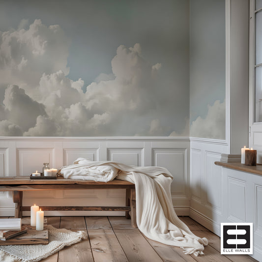 Watercolor Clouds Wall Mural Modern Wallpaper in Peel & Stick Canvas Vinyl or Non-Woven