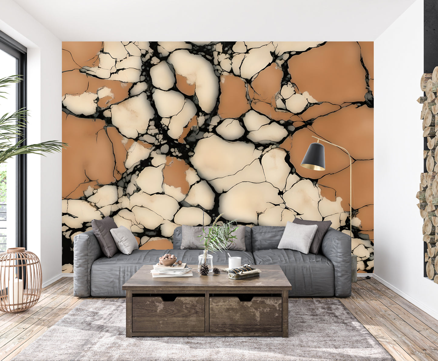 Terracotta Stone Marble Wall Mural Modern Wallpaper in Peel & Stick Canvas Vinyl or Non-Woven
