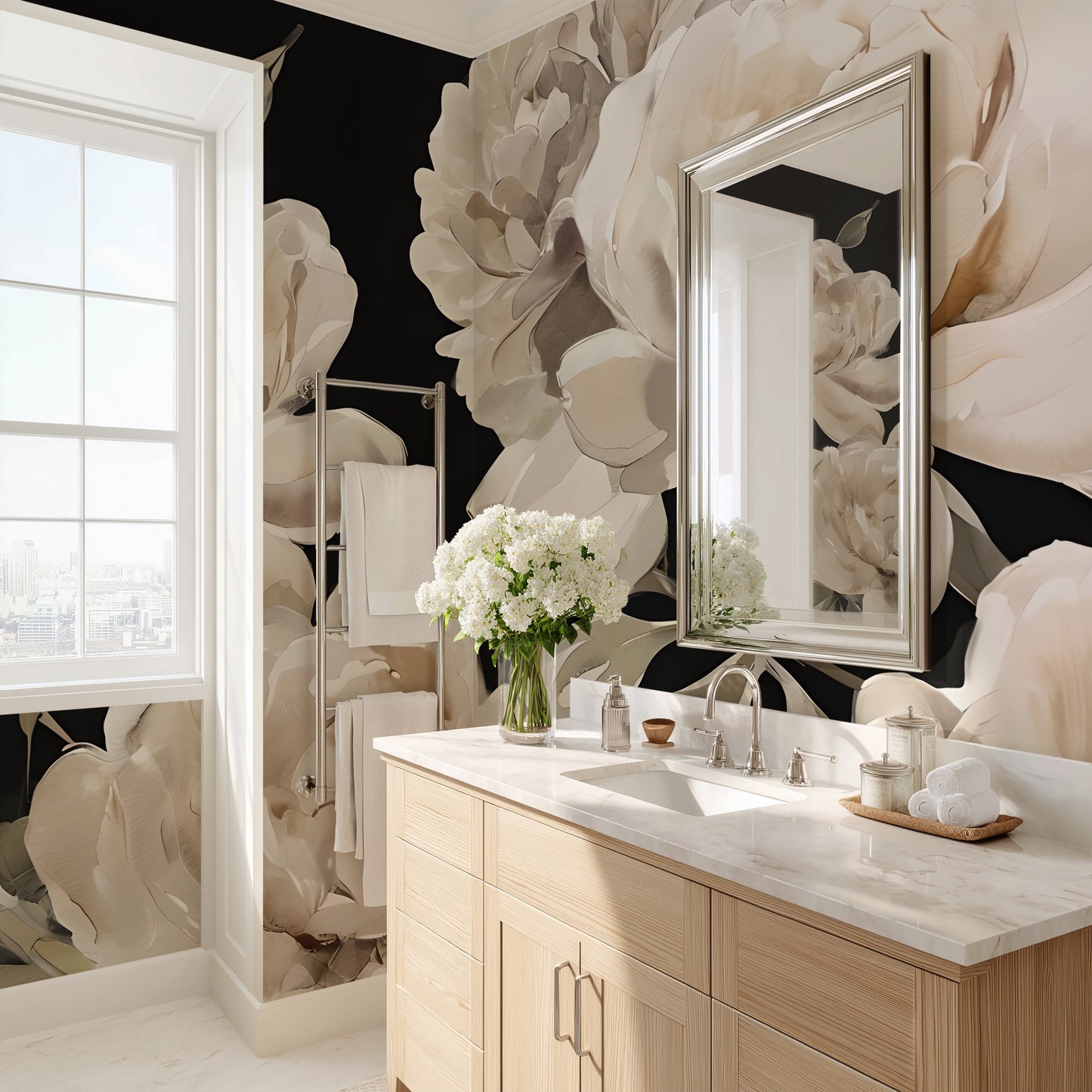 Painted Peony Wallpaper Mural in Peel & Stick Canvas Vinyl or Non-Woven