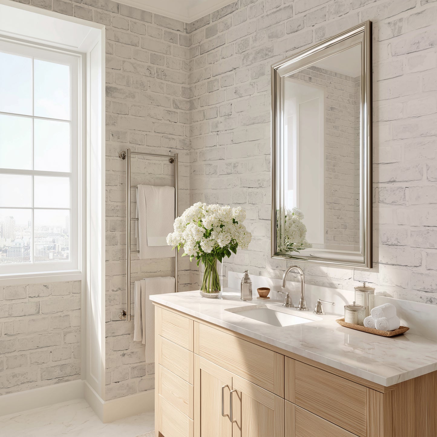 White Painted Brick Wall Wallpaper Mural in Peel & Stick Canvas Vinyl or Non-Woven