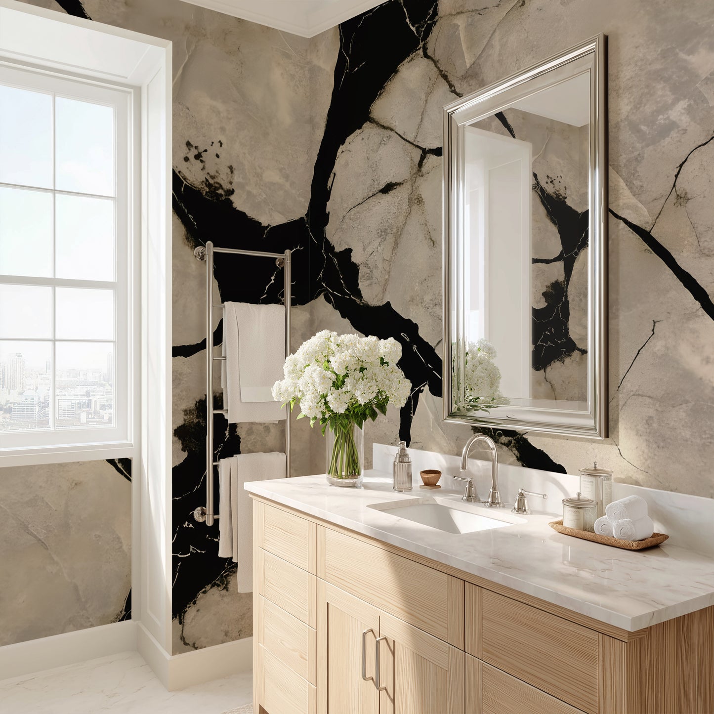 Black Marble Veins Wall Mural Modern Wallpaper in Peel & Stick Canvas Vinyl or Non-Woven