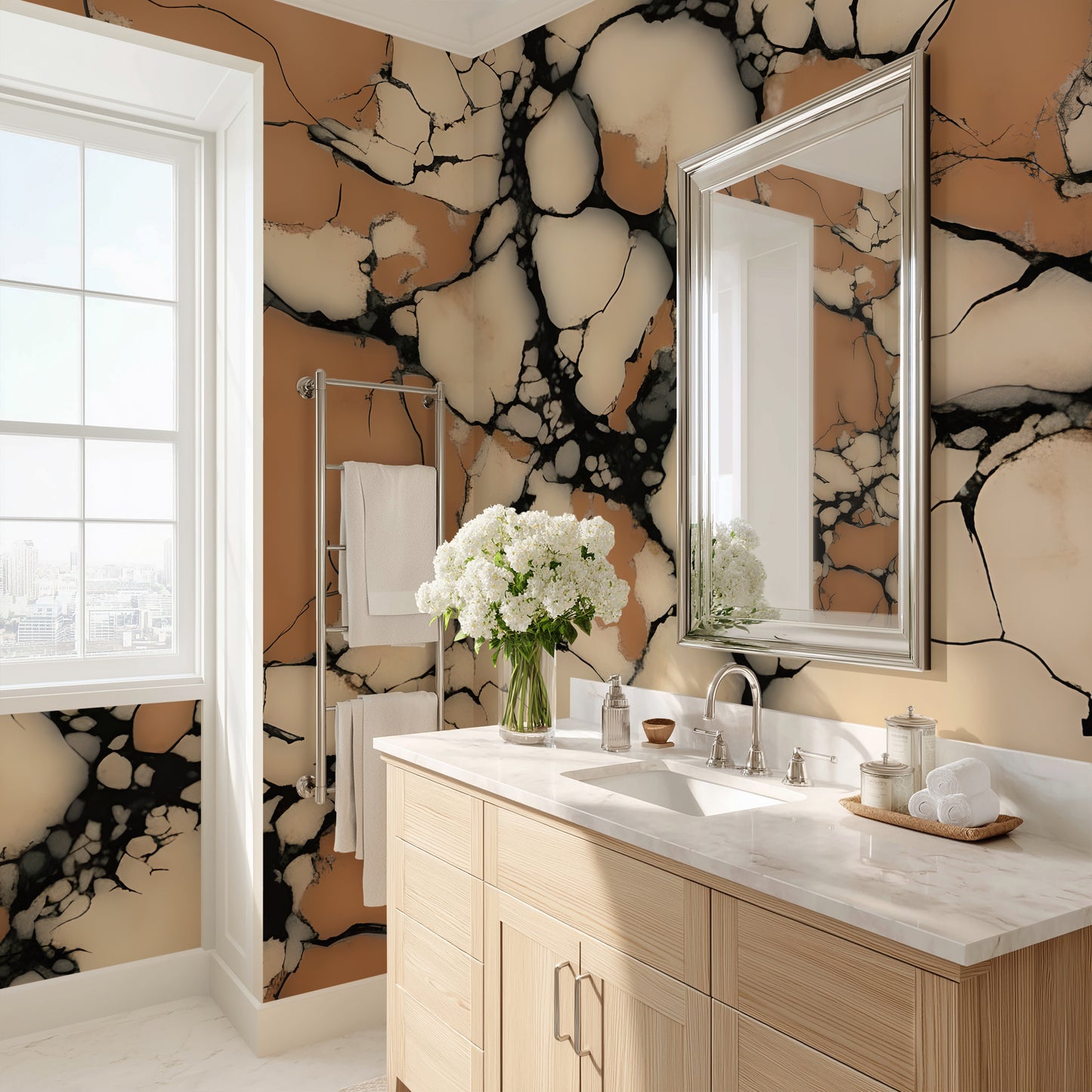 Terracotta Stone Marble Wall Mural Modern Wallpaper in Peel & Stick Canvas Vinyl or Non-Woven