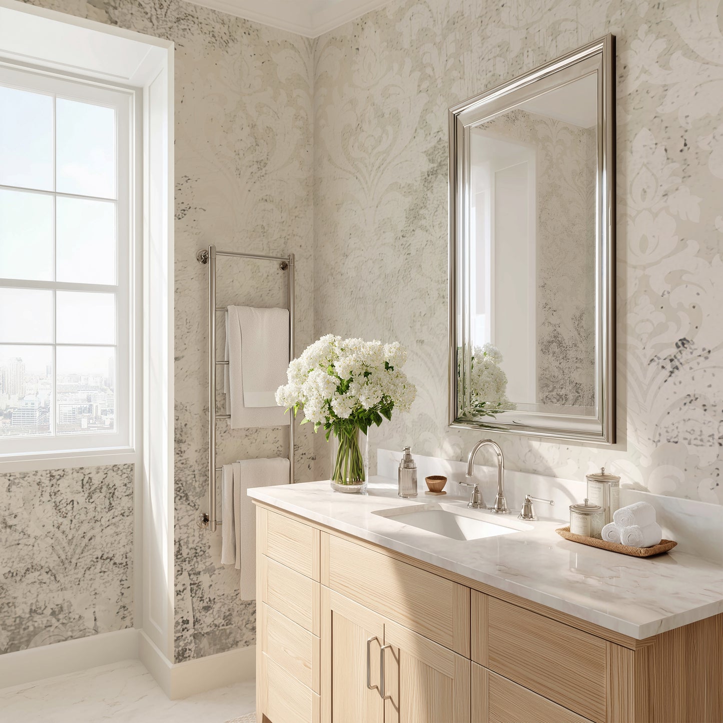 White Vintage Large Scale Damask Distressed Wallpaper Mural in Peel & Stick Canvas Vinyl or Non-Woven