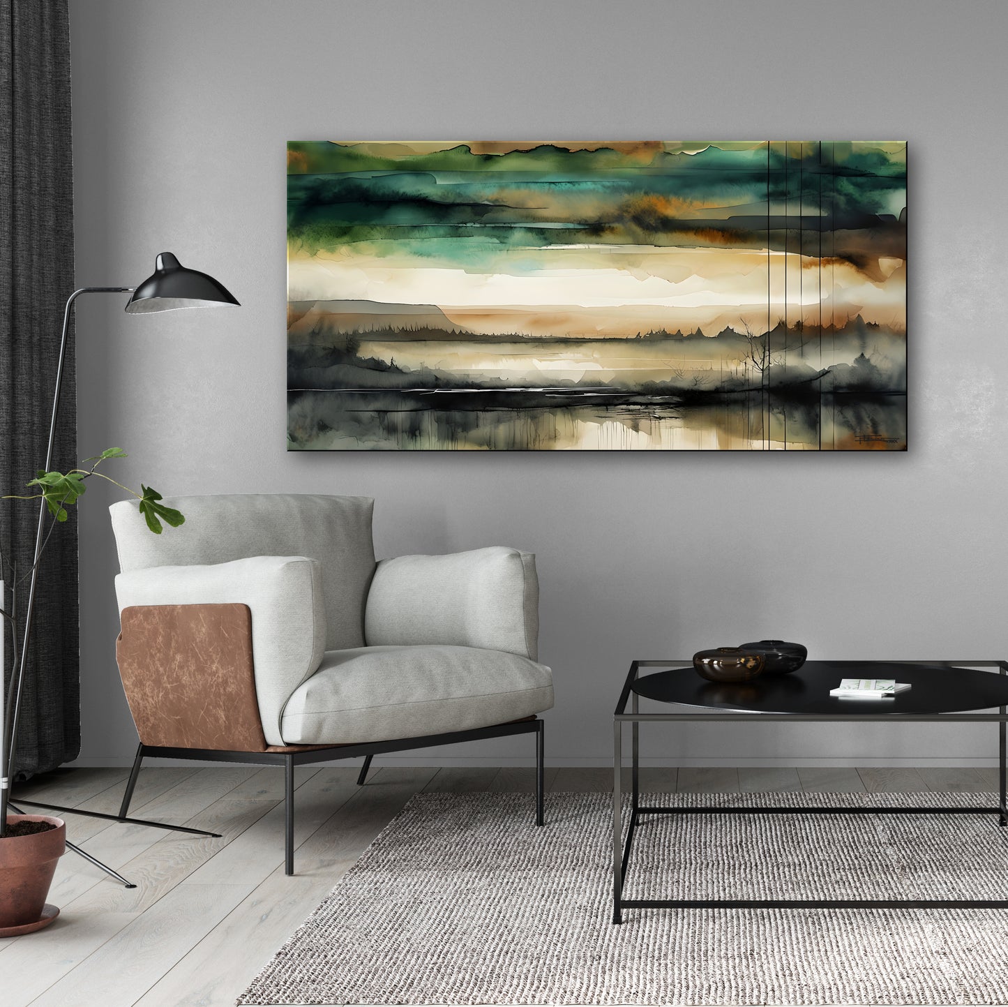 THE GREAT VALLEY -Extra Large Textured Canvas Painting – Limited Edition Abstract Landscape with Distant Tree Outlines in Teal, Gray, White, Beige & Black
