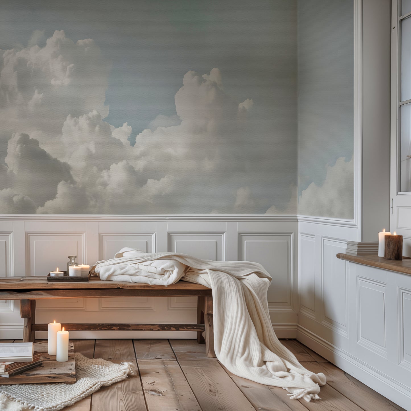 Watercolor Clouds Wall Mural Modern Wallpaper in Peel & Stick Canvas Vinyl or Non-Woven