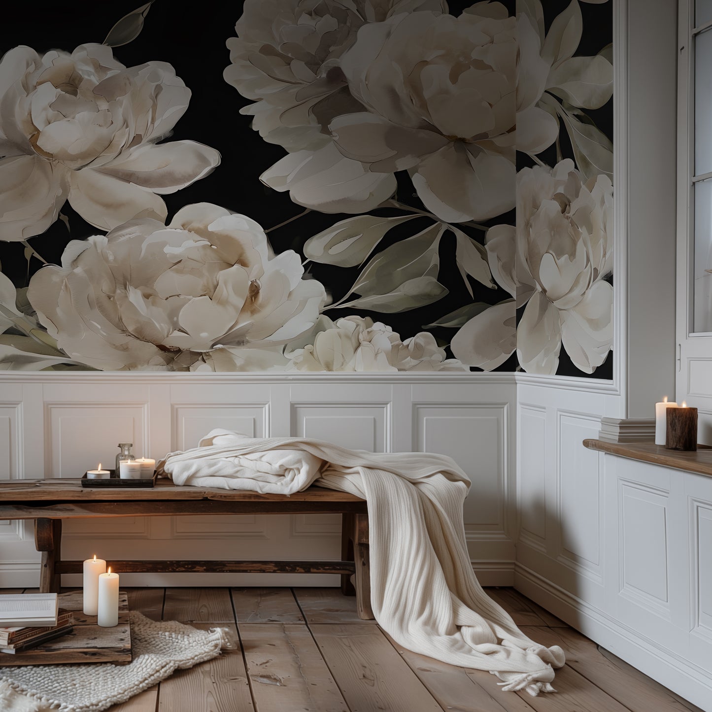 Painted Peony Wallpaper Mural in Peel & Stick Canvas Vinyl or Non-Woven