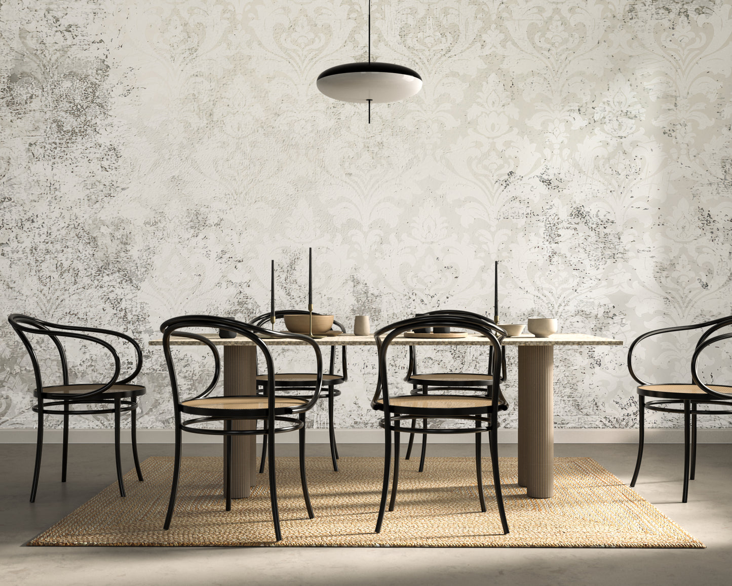 White Vintage Large Scale Damask Distressed Wallpaper Mural in Peel & Stick Canvas Vinyl or Non-Woven