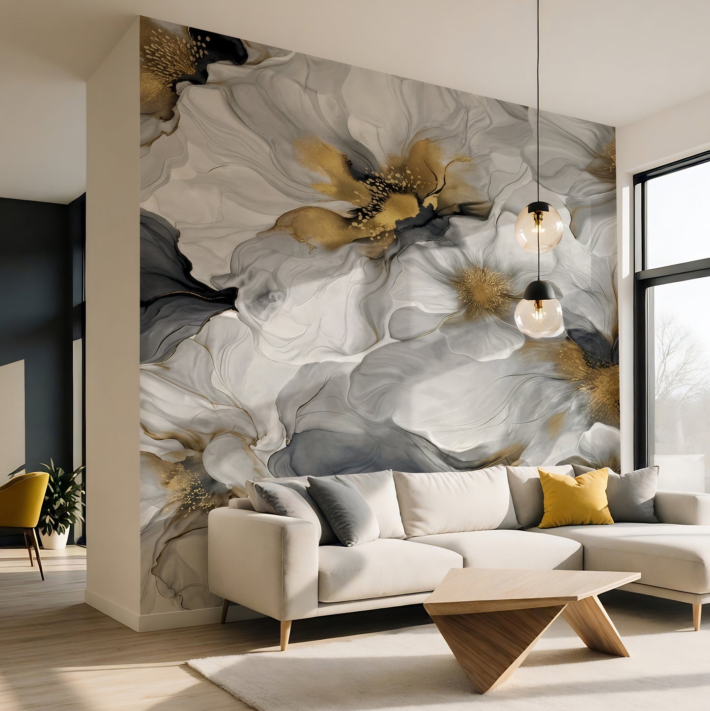 Gray and Gold Bold Floral Luxury Wallpaper Mural
