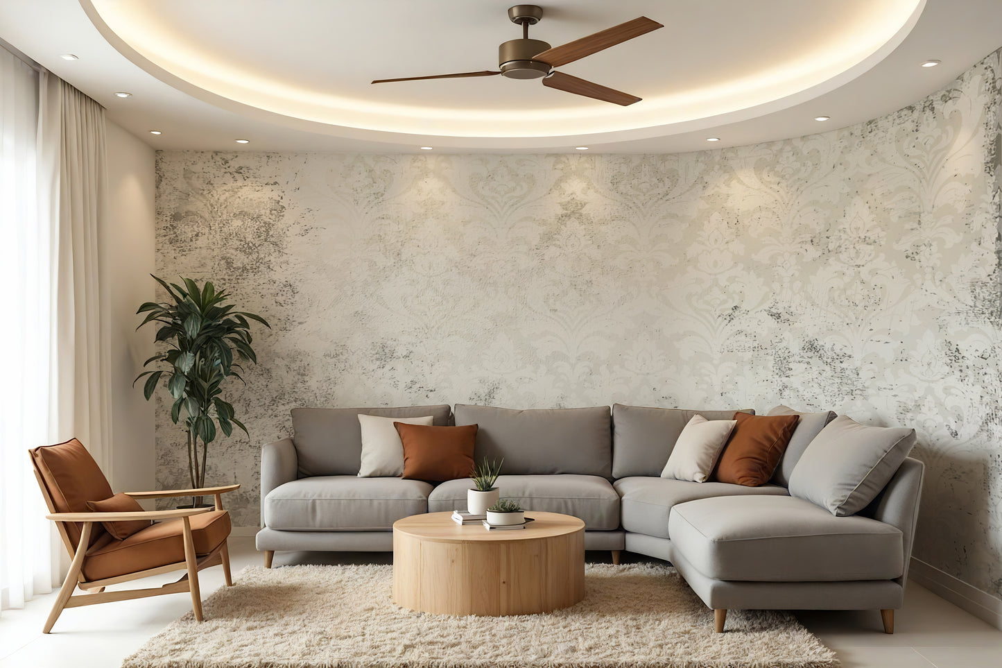 White Vintage Large Scale Damask Distressed Wallpaper Mural in Peel & Stick Canvas Vinyl or Non-Woven