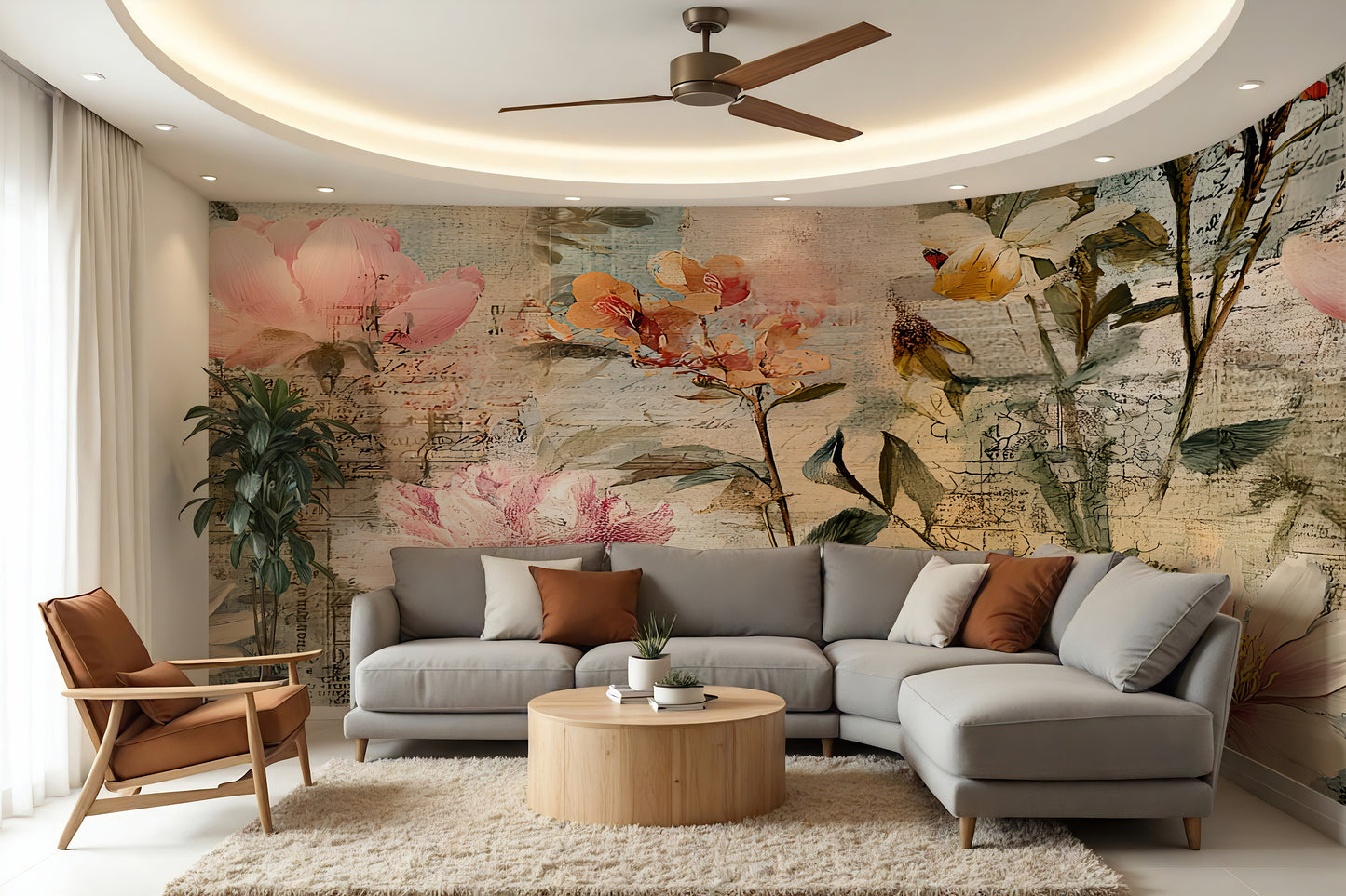 Large Scale Floral Distressed Wallpaper Mural in Peel & Stick Canvas Vinyl or Non-Woven (Copy)