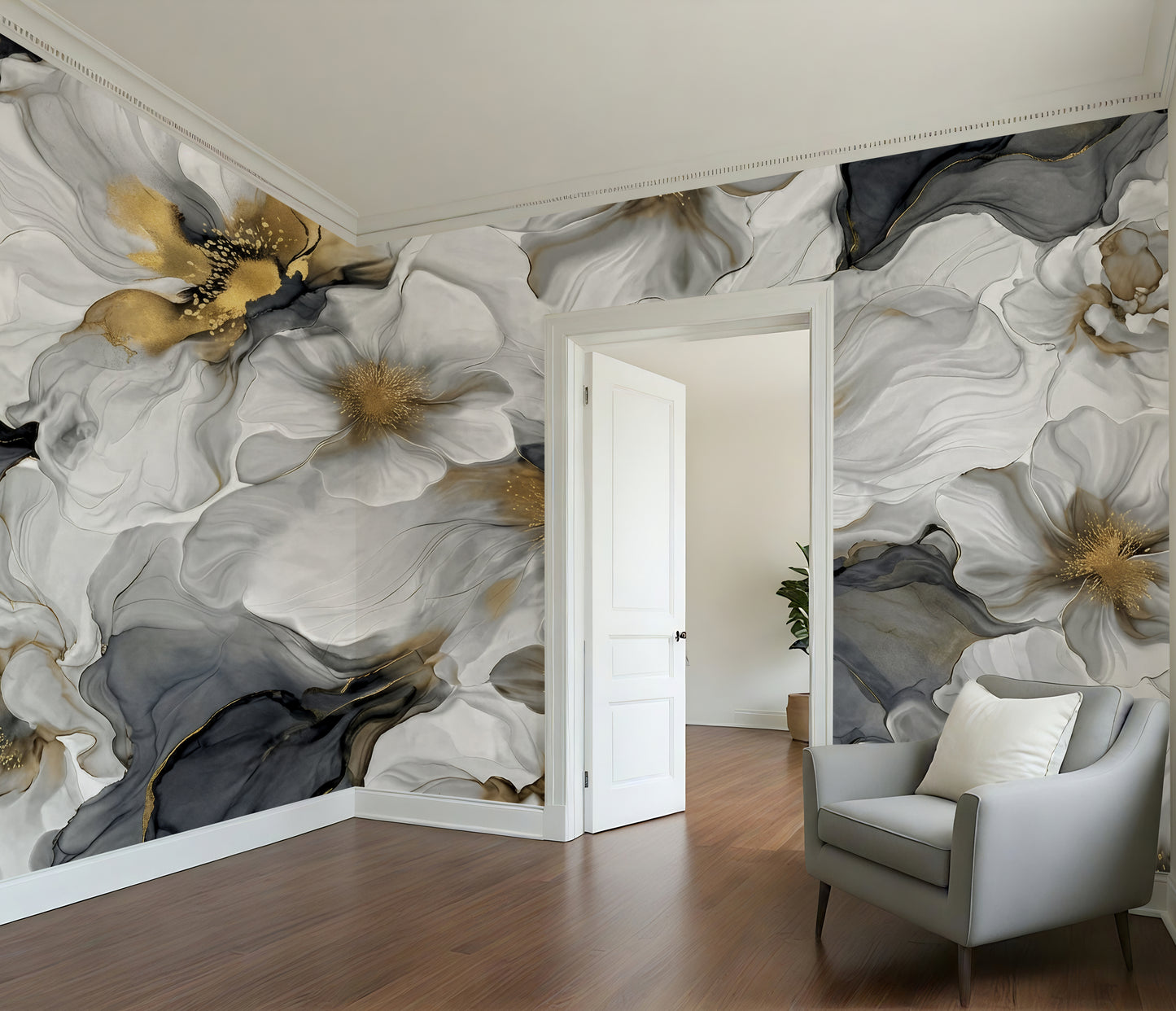 Gray and Gold Bold Floral Luxury Wallpaper Mural
