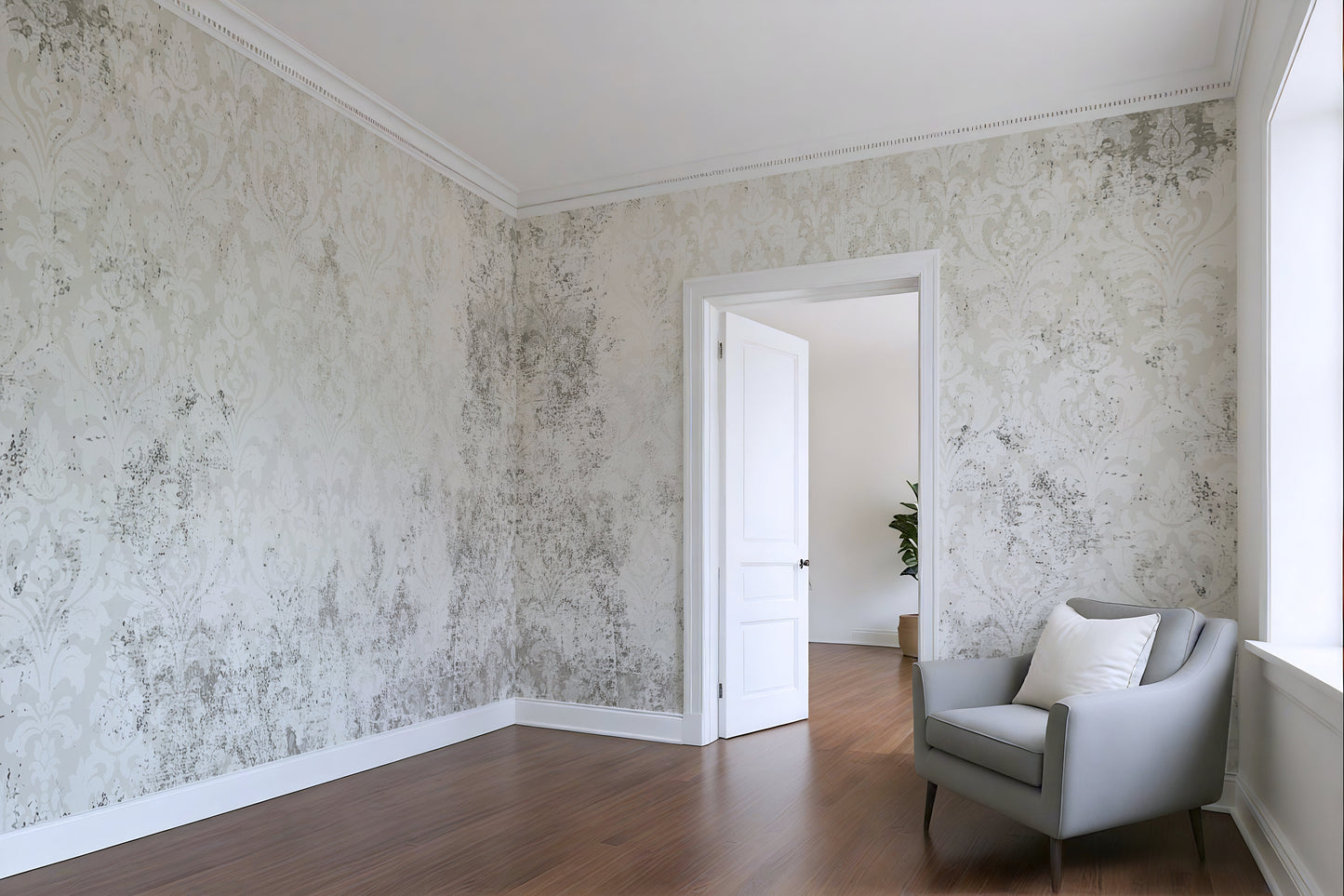 White Vintage Large Scale Damask Distressed Wallpaper Mural in Peel & Stick Canvas Vinyl or Non-Woven