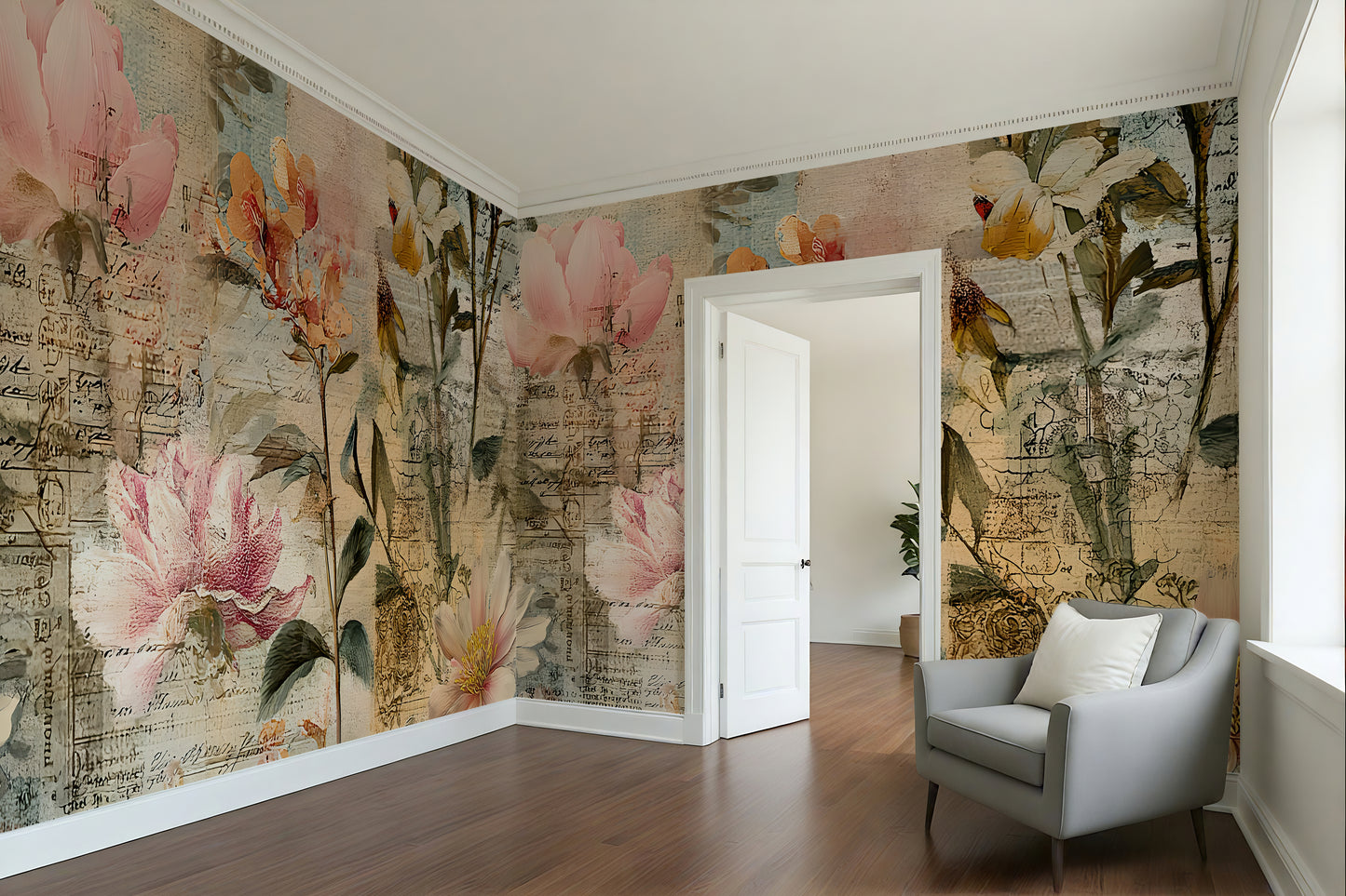 Large Scale Floral Distressed Wallpaper Mural in Peel & Stick Canvas Vinyl or Non-Woven (Copy)