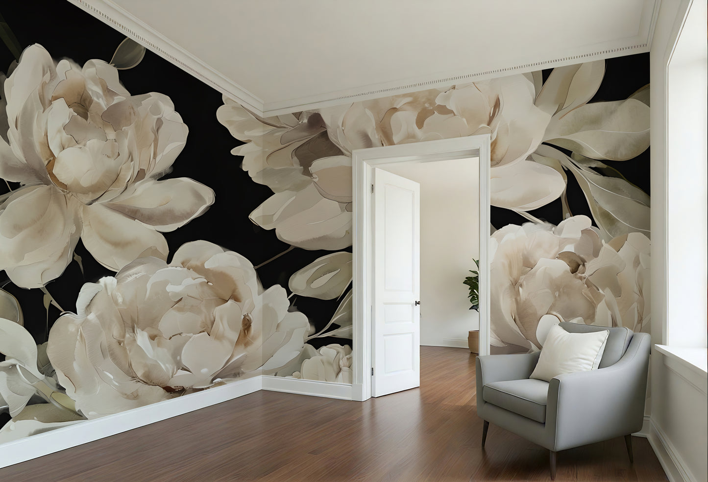 Painted Peony Wallpaper Mural in Peel & Stick Canvas Vinyl or Non-Woven
