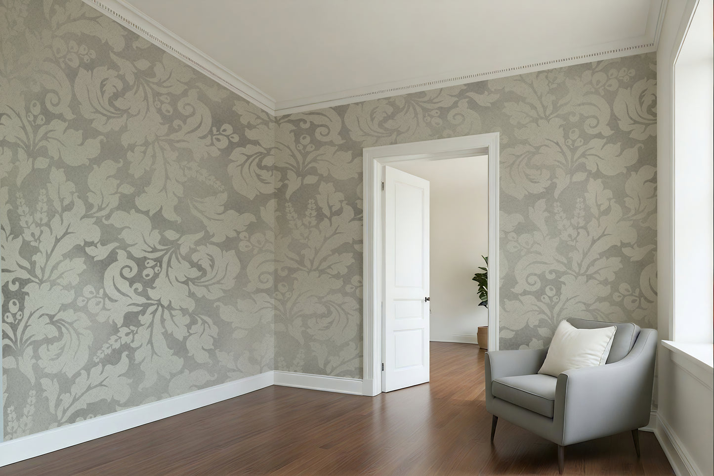 Gray Damask Wall Wallpaper Mural in Peel & Stick Canvas Vinyl or Non-Woven