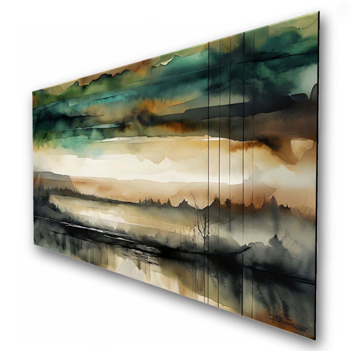 THE GREAT VALLEY -Extra Large Textured Canvas Painting – Limited Edition Abstract Landscape with Distant Tree Outlines in Teal, Gray, White, Beige & Black