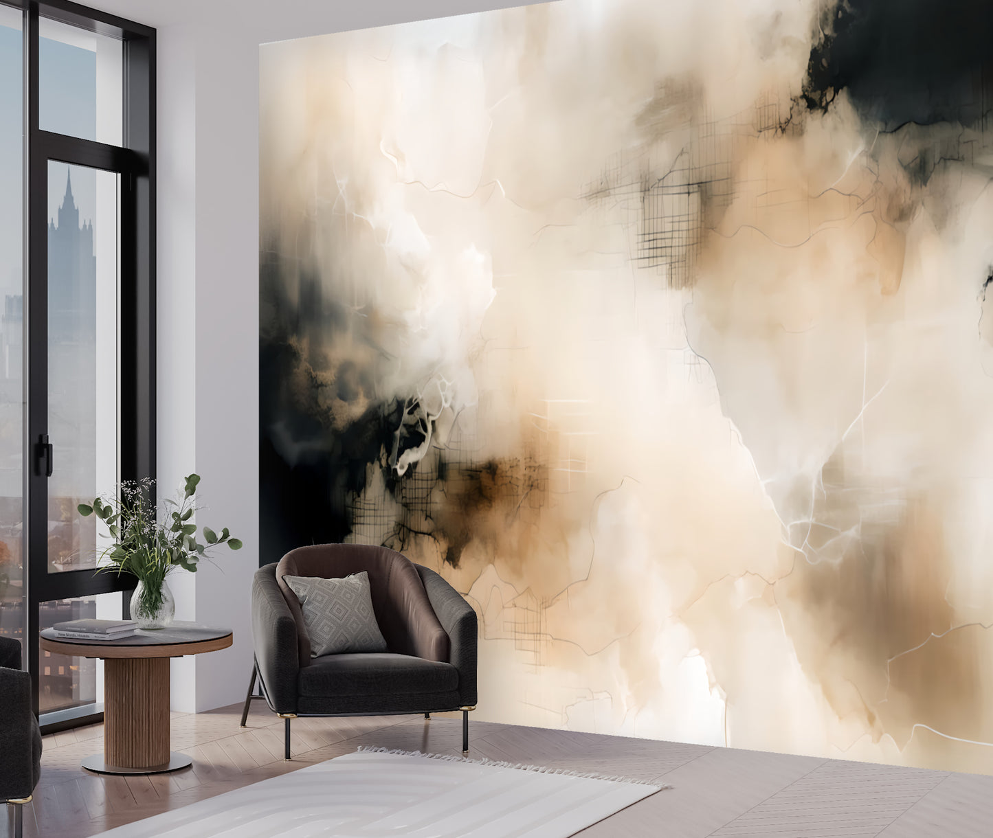 Neutral Abstract Wall Mural Modern Wallpaper in Peel & Stick Canvas Vinyl or Non-Woven
